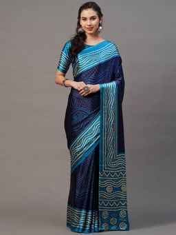 Odette - Navy Blue & Teal Blue Casual Satin Silk Printed Saree with Unstitched Blouse
