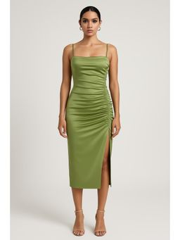 Cider - Solid Satin Ruched Split Midi Cami Dress