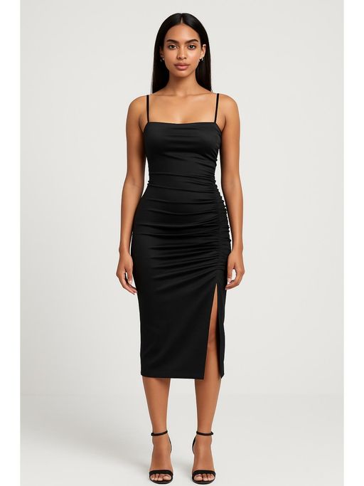 Buy Cider Solid Satin Ruched Split Midi Cami Dress Online