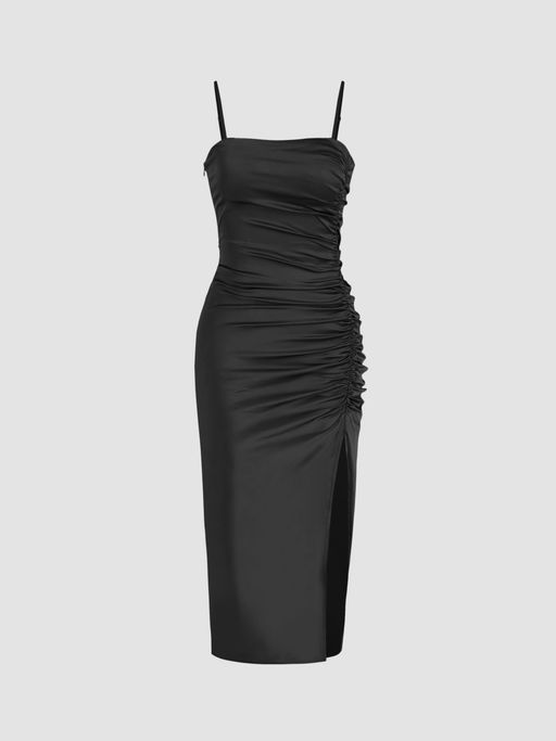 solid satin ruched split midi cami dress Buy Cider Solid Satin Ruched Split Midi Cami Dress Online
