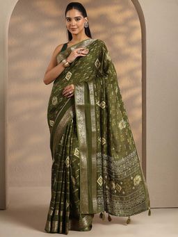 Libas - Women Olive Woven Design Silk Blend Saree with Unstitched Blouse