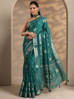 Libas - Women Green Woven Design Silk Blend Saree with Unstitched Blouse