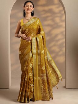 Libas - Women Mustard Woven Design Silk Blend Saree with Unstitched Blouse