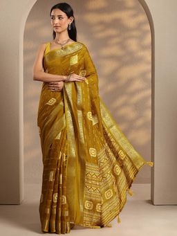 Libas - Women Mustard Woven Design Silk Blend Saree with Unstitched Blouse