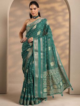 Libas - Women Green Woven Design Silk Blend Saree with Unstitched Blouse