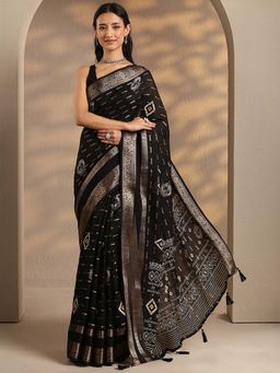 Libas - Women Black Woven Design Silk Blend Saree with Unstitched Blouse