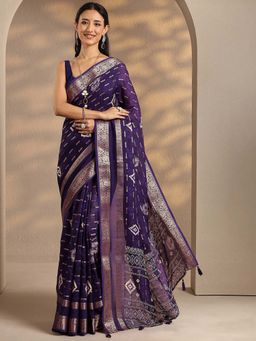 Libas - Women Purple Woven Design Silk Blend Saree with Unstitched Blouse