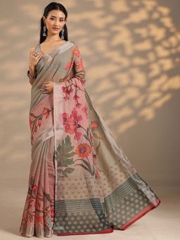 Libas - Women Multi-Color Floral Printed Linen Saree with Unstitched Blouse