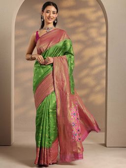 Libas - Women Green Zari Woven Design Silk Blend Saree with Unstitched Blouse