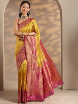 Libas - Women Mustard Zari Woven Design Silk Blend Saree with Unstitched Blouse