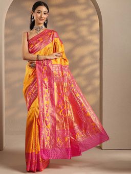 Libas - Women Yellow Zari Woven Design Silk Blend Saree with Unstitched Blouse