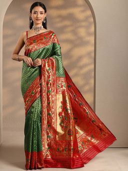 Libas - Women Green Zari Woven Design Silk Blend Saree with Unstitched Blouse