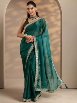 Libas - Women Green Embellished Border Silk Blend Saree with Unstitched Blouse