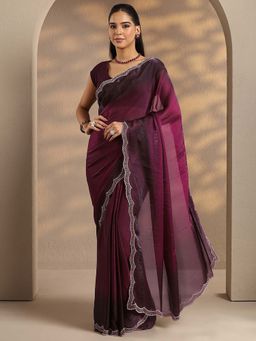 Libas - Women Burgundy Embellished Stone Work Silk Blend Saree with Unstitched Blouse
