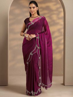 Libas - Women Wine Embellished Stone Work Silk Blend Saree with Unstitched Blouse