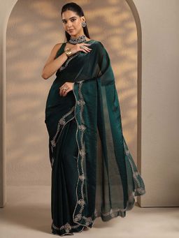Libas - Women Green Embellished Stone Work Silk Blend Saree with Unstitched Blouse