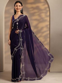 Libas - Women Purple Embellished Stone Work Silk Blend Saree with Unstitched Blouse