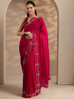 Libas - Women Fuchsia Pink Embellished Stone Work Silk Blend Saree with Unstitched Blouse