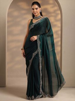 Libas - Women Green Embellished Stone Work Silk Blend Saree with Unstitched Blouse