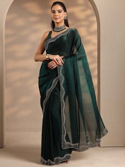 Libas - Women Green Embellished Stone Work Silk Blend Saree with Unstitched Blouse
