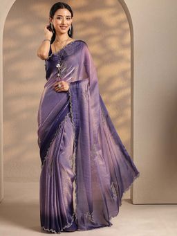 Libas - Women Purple Embellished Stone Work Silk Blend Saree with Unstitched Blouse