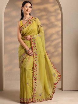 Libas - Women Green Embellished Bandhani Silk Blend Saree with Unstitched Blouse