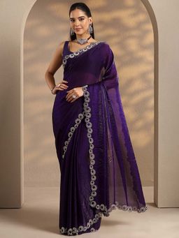 Libas - Women Purple Embellished Stone Work Silk Blend Saree with Unstitched Blouse