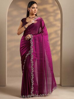 Libas - Women Magenta Embellished Stone Work Silk Blend Saree with Unstitched Blouse