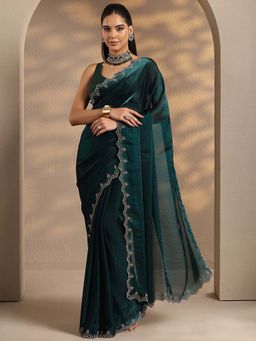 Libas - Women Green Embellished Stone Work Silk Blend Saree with Unstitched Blouse