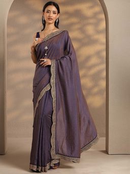 Libas - Women Purple Embroidered Sequined Silk Blend Saree with Unstitched Blouse