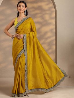 Libas - Women Mustard Embroidered Sequined Silk Blend Saree with Unstitched Blouse