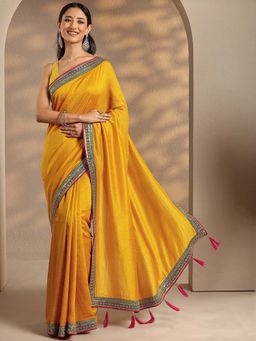 Libas - Women Mustard Solid Embroidered Border Silk Blend Saree with Unstitched Blouse