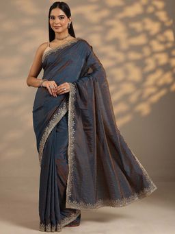 Libas - Women Navy Blue Embroidered Stone Work Saree with Unstitched Blouse