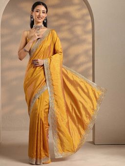 Libas - Women Mustard Embroidered Stone Work Saree with Unstitched Blouse