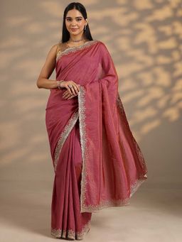 Libas - Women Onion Pink Embroidered Stone Work Saree with Unstitched Blouse
