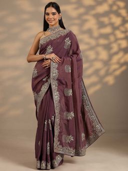 Libas - Women Purple Embroidered Organza Saree with Unstitched Blouse