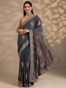 Libas - Women Navy Blue Embroidered Organza Saree with Unstitched Blouse