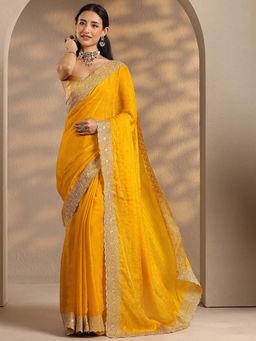Libas - Women Yellow Embroidered Stone Work Silk Blend Saree with Unstitched Blouse
