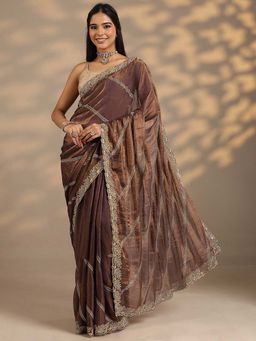 Libas - Women Brown Embroidered Stone Work Silk Blend Saree with Unstitched Blouse