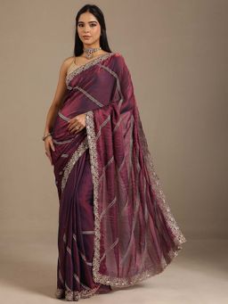Libas - Women Wine Embroidered Stone Work Silk Blend Saree with Unstitched Blouse