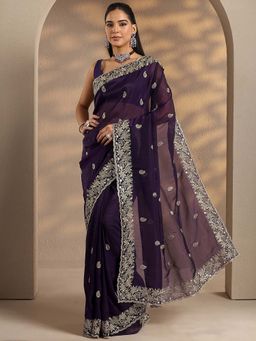 Libas - Women Purple Floral Embroidered Silk Blend Saree with Unstitched Blouse