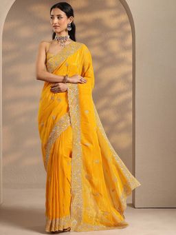 Libas - Women Yellow Floral Embroidered Silk Blend Saree with Unstitched Blouse