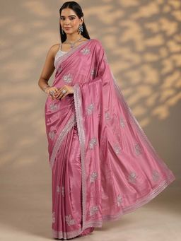 Libas - Women Pink Embroidered Stone Work Silk Blend Saree with Unstitched Blouse