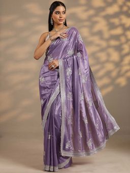 Libas - Women Lavender Embroidered Stone Work Silk Blend Saree with Unstitched Blouse