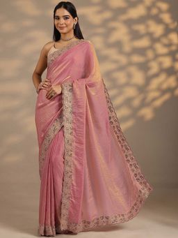 Libas - Women Pink Embroidered Stone Work Saree with Unstitched Blouse