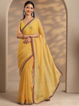 Libas - Women Yellow Embellished Stone Work Organza Saree with Unstitched Blouse