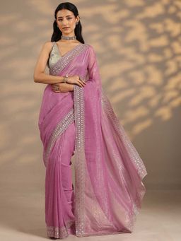 Libas - Women Pink Embroidered Stone Work Silk Blend Saree with Unstitched Blouse