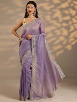 Libas - Women Lavender Embroidered Stone Work Silk Blend Saree with Unstitched Blouse