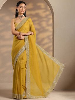 Libas - Women Yellow Embroidered Stone Work Silk Blend Saree with Unstitched Blouse