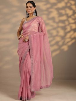 Libas - Women Pink Embellished Silk Blend Saree with Unstitched Blouse